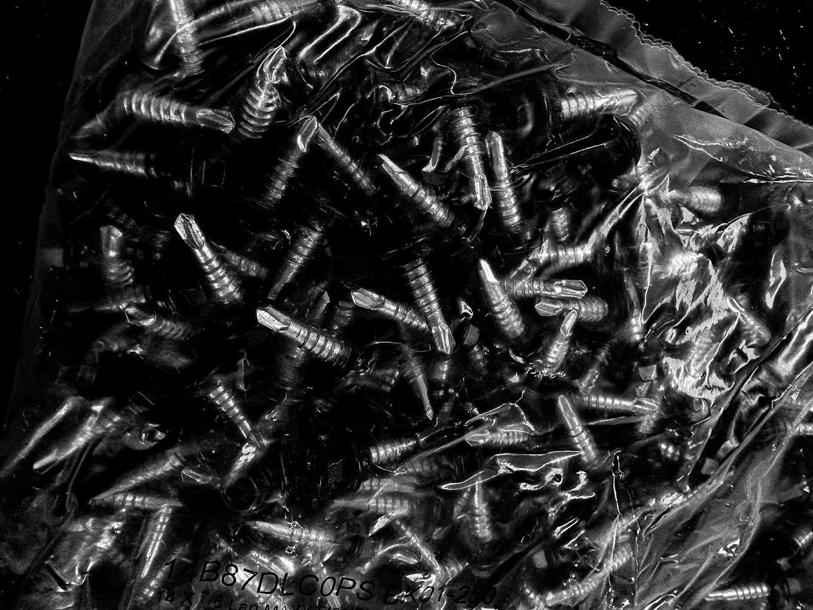 A black and white, close-up photo of a bag filled with many small, shiny metal screws. The screws are visible through the transparent plastic bag, which is crinkled and reflects the light. The overall image is high-contrast, with the bright screws standing out against the dark shadows.